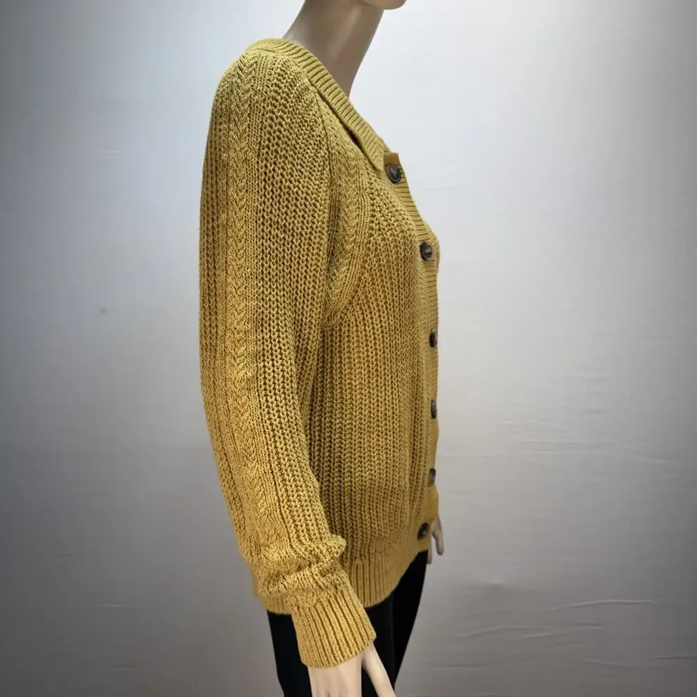 Garnet Hill Maren Button Cardigan Sweater Size L Brass Gold Linen Organic Cotton